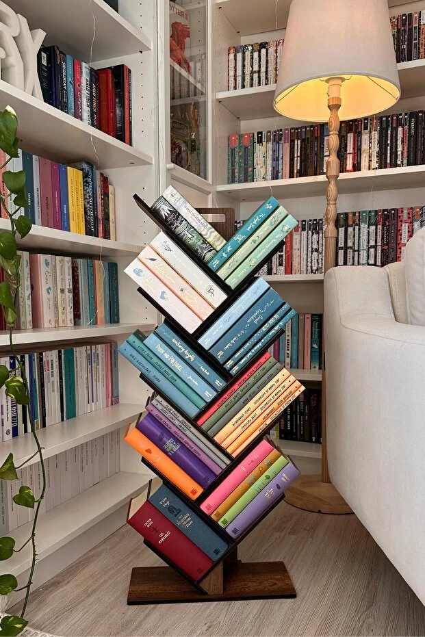 Geometrik 8 Raflı Ağaç Kitaplık Dekoratif Raf